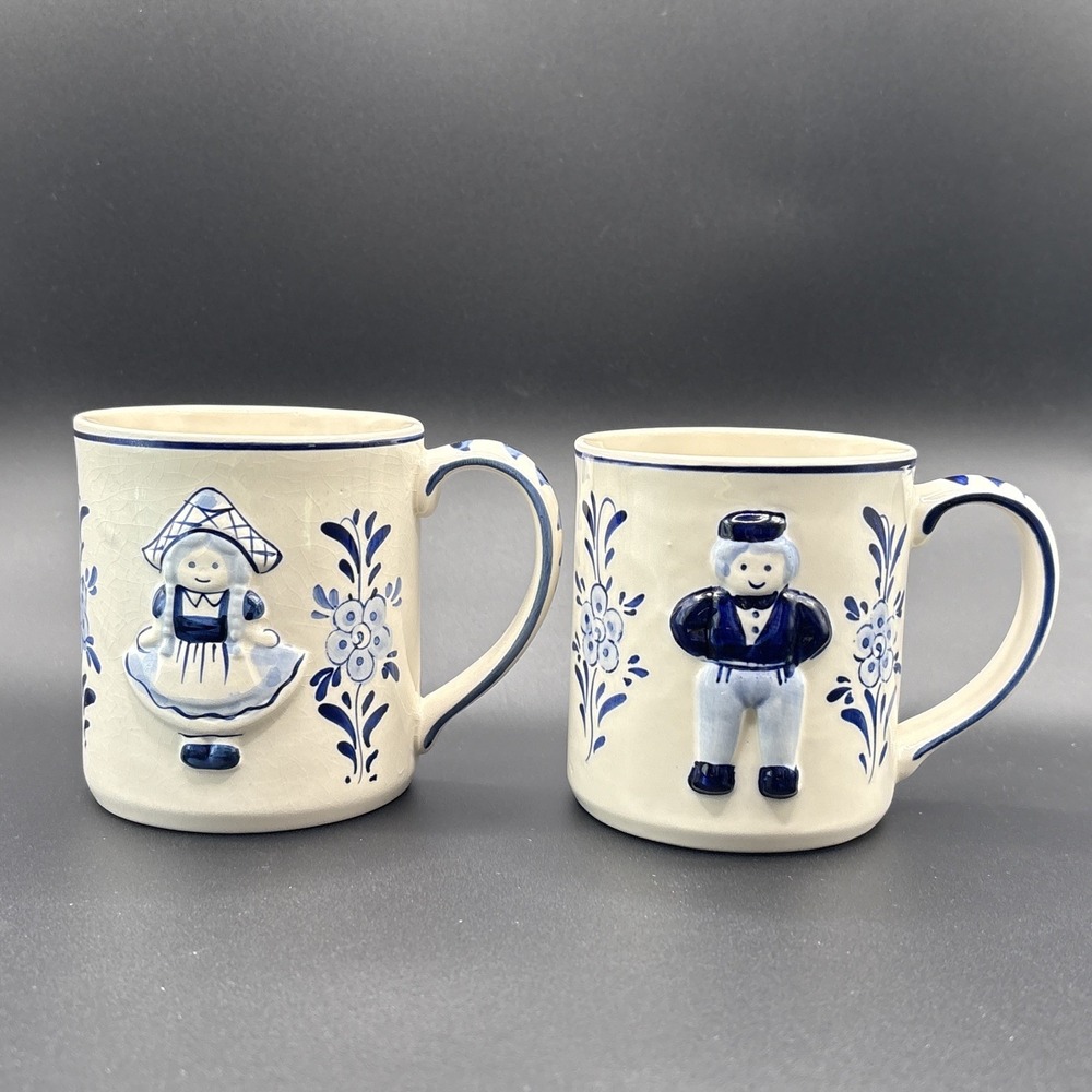 Vintage DAIC Delft Blue Mugs Set of 2 Handpainted Dutch Boy & Girl 3D Relief Cup